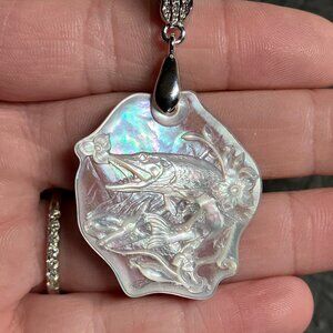 Barracuda Fish Carved Mother of Pearl White Jade Pendant